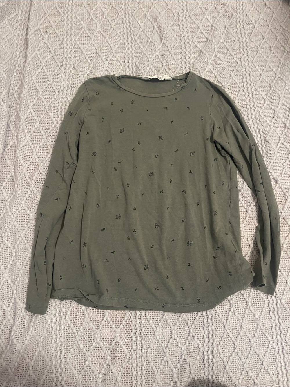 H&M Olive Long Sleeve Crewneck Tee with Tiny Floral Dots